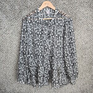 Chicos Top Womens 2 US Large Black Sheer Button Up Ruffle Blouse‎ Casual Ladies